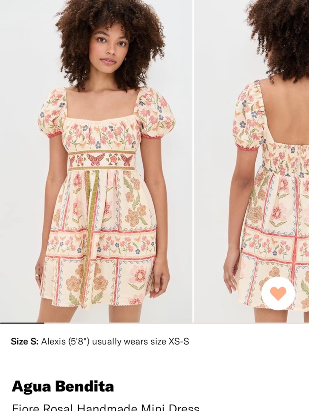 Agua Bendita Cream Mini Dress with Pink & Green Floral Embroidery